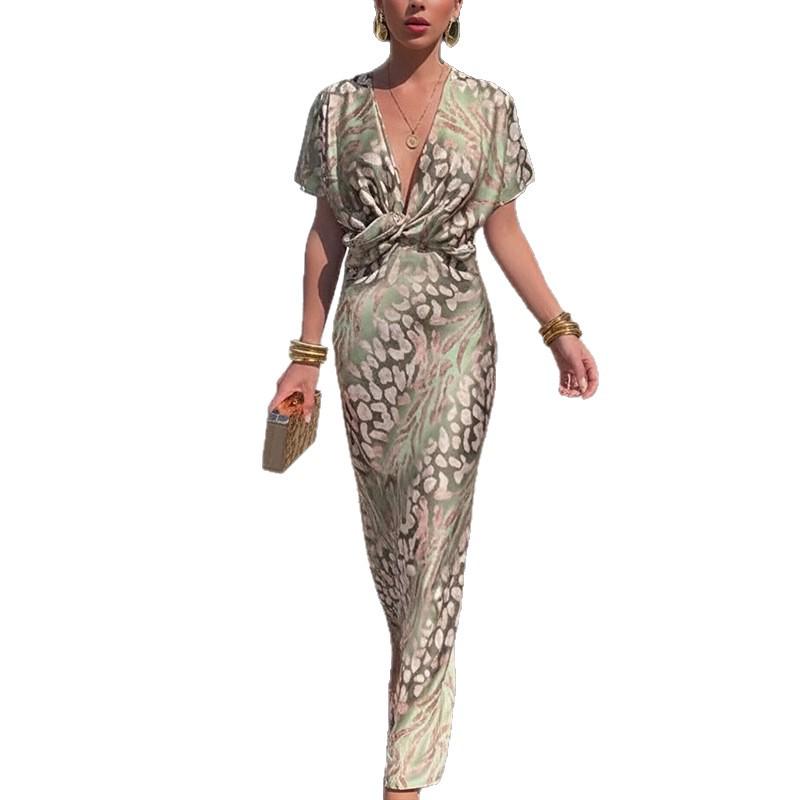 2026 Women's European & American Spring Fashion V-neck Printed Twist Dress
