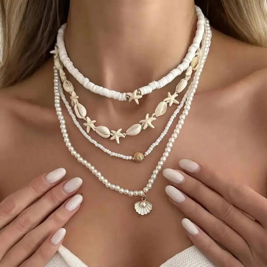 SHIXIN 4Pcs Boho Exquisite Imitation Pearl Scallop Starfish Pendant Necklace Women New Charm Clavicle Bead Chain Jewelry Gifts