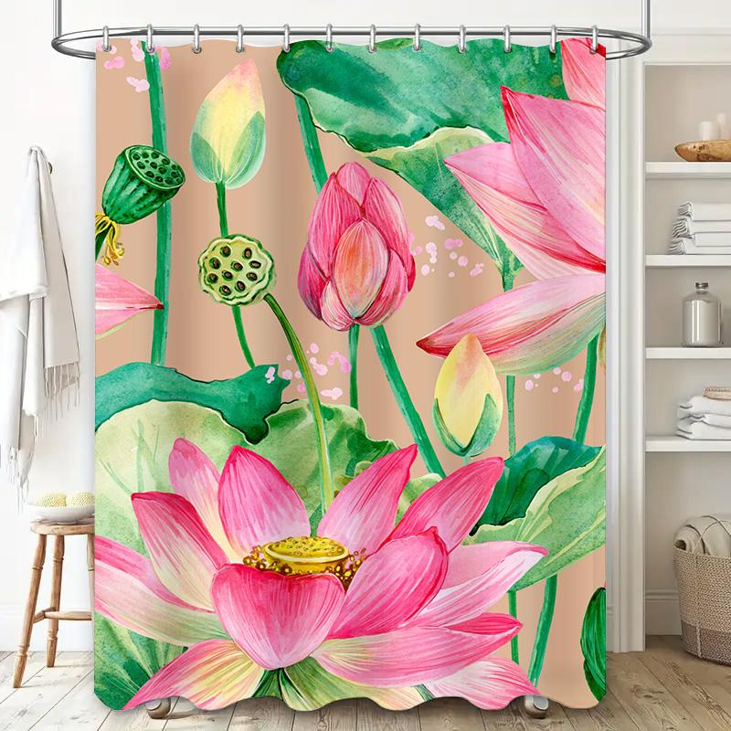 Pink Lotus Shower Curtain Set: Watercolor Design With Green Leaves Perfect For Bathroom Decor