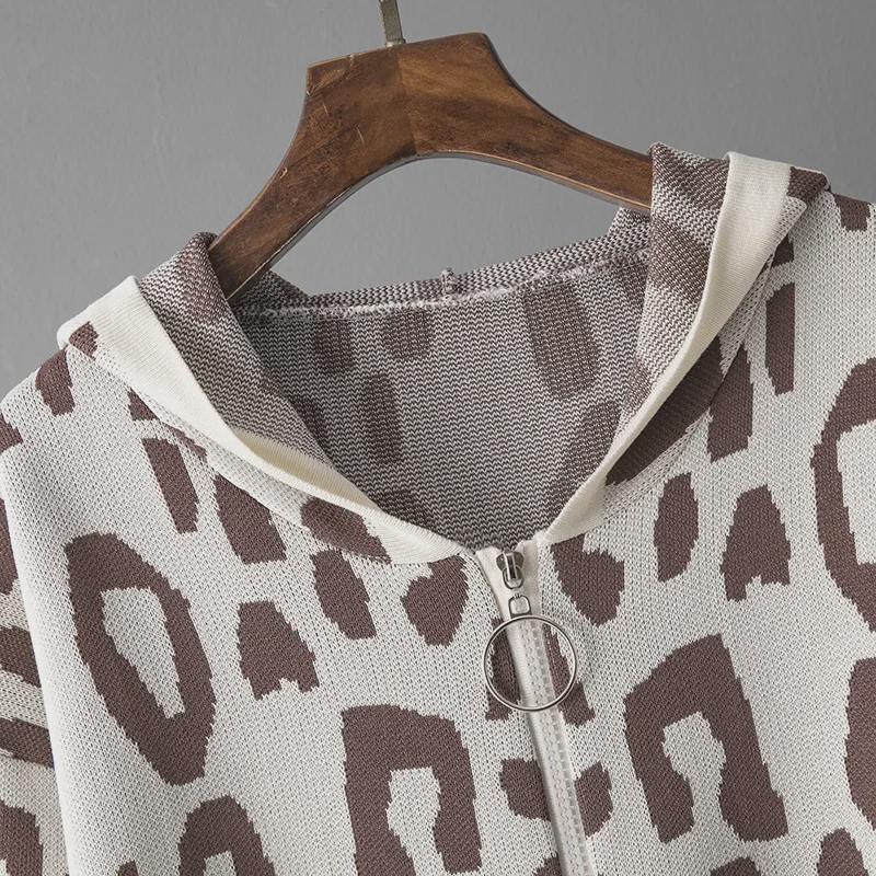 European Autumn Leopard Print Knit Wool Hooded Three-Piece Set for Women