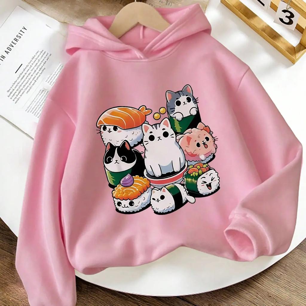 Kids Oversized Hoodie Kawaii Cat Graphic Sweatshirt Sushi Cartoon Print Pullover Hooded Top Japanese Streetwear Fashion