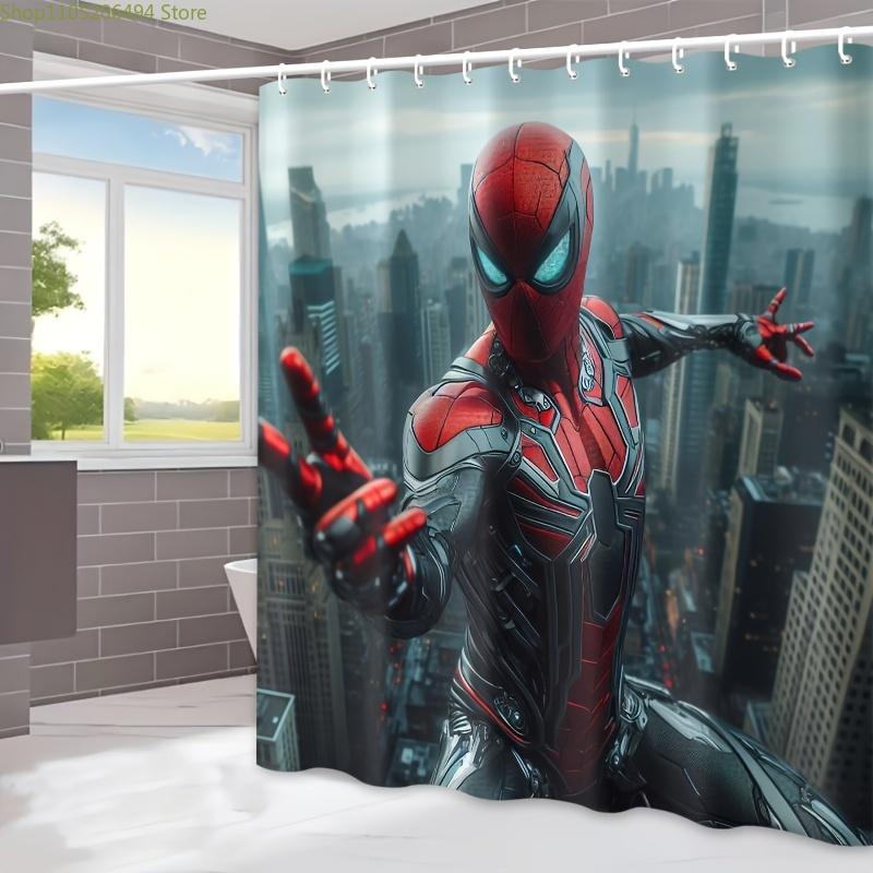 

1pc Marvel Spider-Man Bathroom Shower Curtain - Polyester, Vibrant Cityscape Design, 12 Hooks Included, Ideal for Modern Home 90x180cm