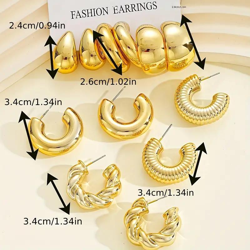 6Pcs Classic Geometry Glossy Ccb Silver Color Twists C Shape Hoop Earrings Set for Women Teens Vintage Daily Wear Ear Jewelry