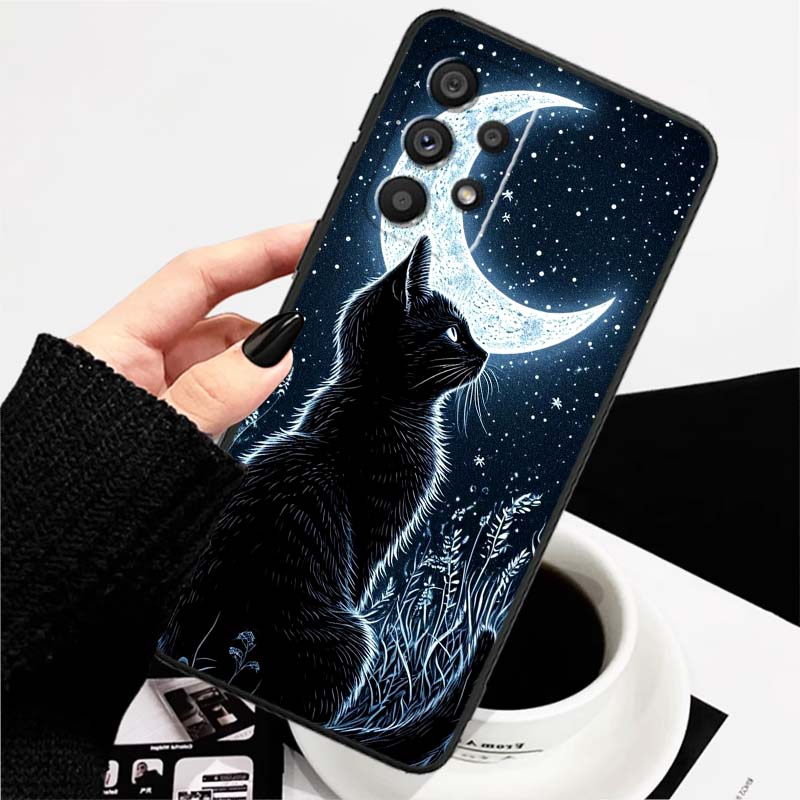 Cartoon Cat Cute For Samsung A73 A72 A71 A55 A54 A53 A52 A51 A13 A22 A16 A15 A12 A14 A26 A07 5G Black Phone Case