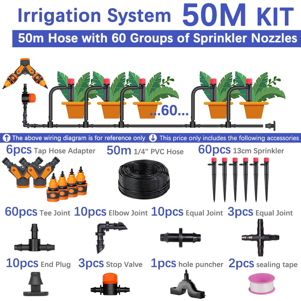 50-5m 1/4" Garden Drip Micro Irrigation 8-hole Adjustable Drippers with Stake 4/7mm Adapter PVC Tubing Automatic Watering System