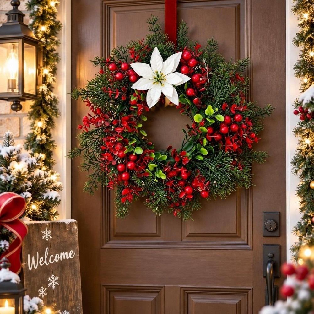 Realistic Design Christmas Wreath Velvet Bow Faux Greenery Wreath  Indoor Decor