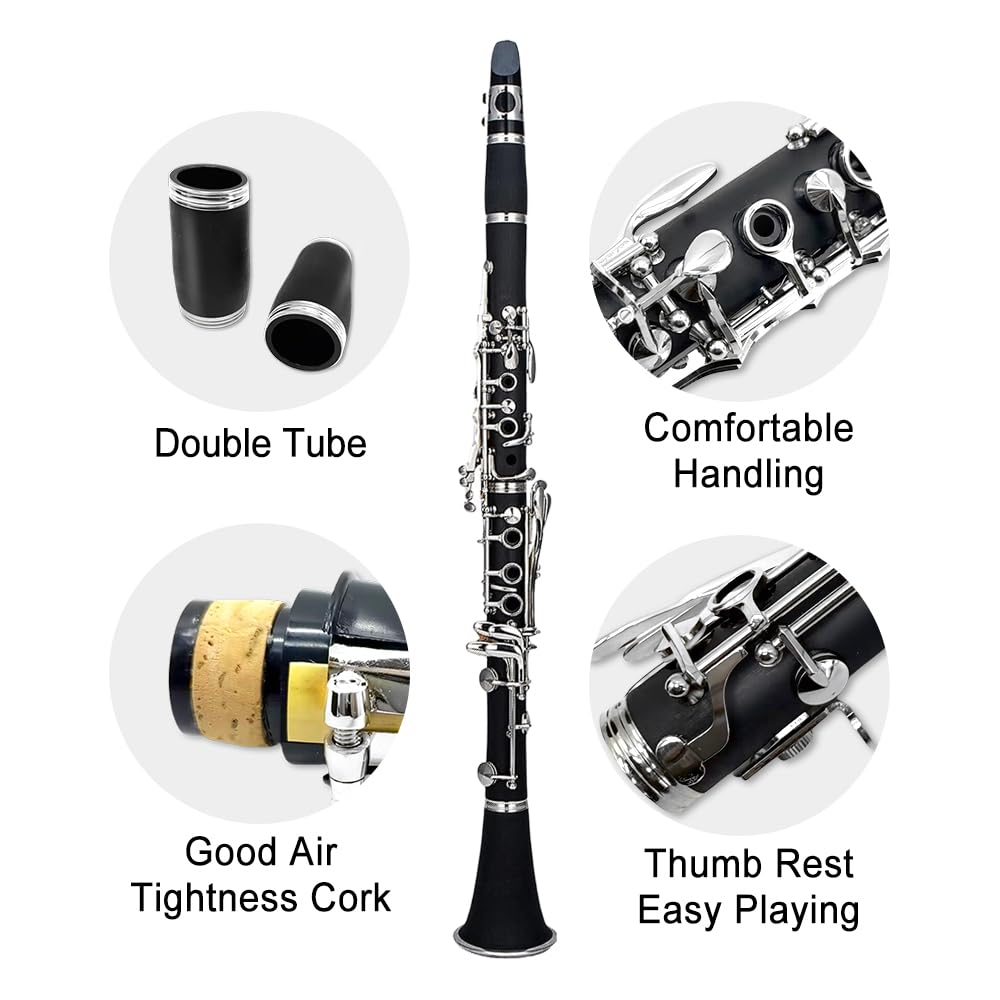 WUQIMUSC Beginner Clarinet, Bb Key, for Students and Adults, Ebonite Wood, Nickel Plated Keys, 2 Barrels, Reed, Accessories (Bb Key Clarinet)