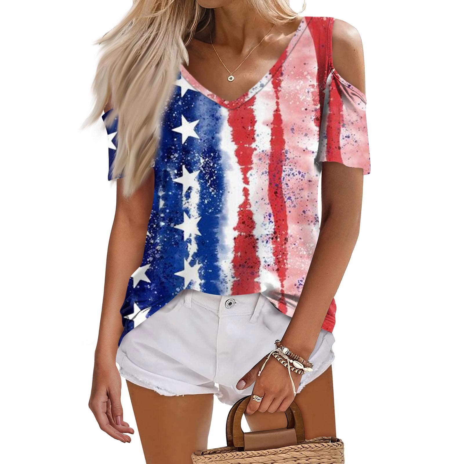 

Женская летняя модная повседневная футболка без бретелек с v-образным вырезом и короткими рукавами, посвященная Дню независимости, топ L