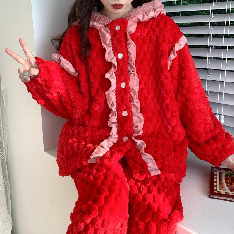 

Красная новогодняя пижама из кораллового флиса, женская зимняя пижама, плюшевая утепленная домашняя одежда, фланелевая повседневная свободная пижама с капюшоном XL красный