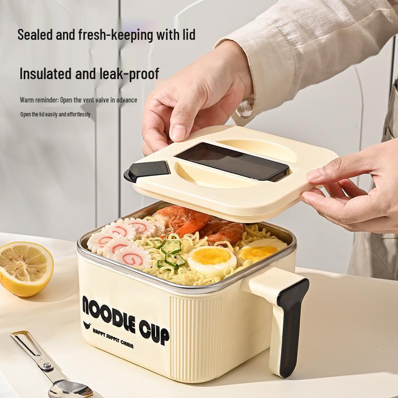 Large Capacity 304 Stainless Steel Instant Noodle Bowl with Lid and Spoon Set for Dorm Use