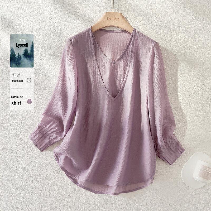 IHIMI Women s Stylish Textured Tencel V-Neck Shirt