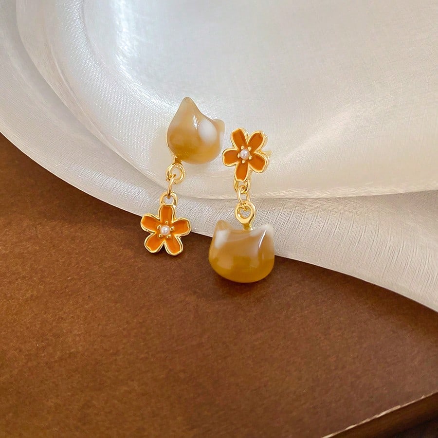 

1 Pair Cute Cat & Flower Asymmetric Drop Earrings оранжевый