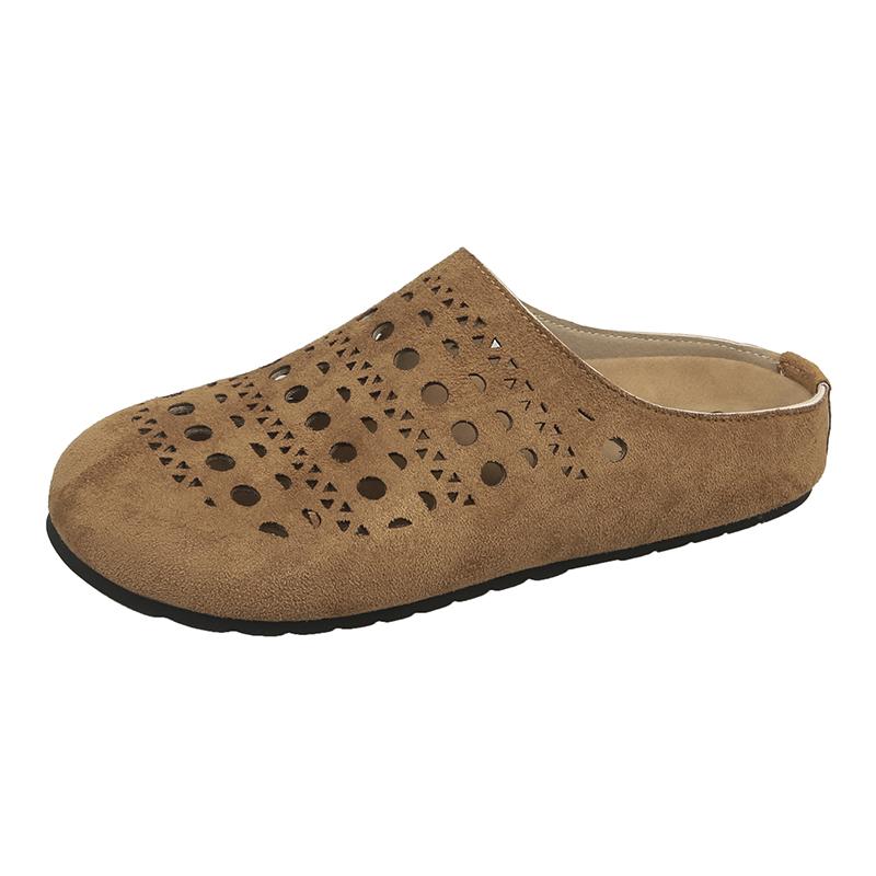 Baotou Hollow Out Fretwork Suede Leather Solid Concise Half Slippers Women Round Toe Pull on Muller Beach Shoes Females