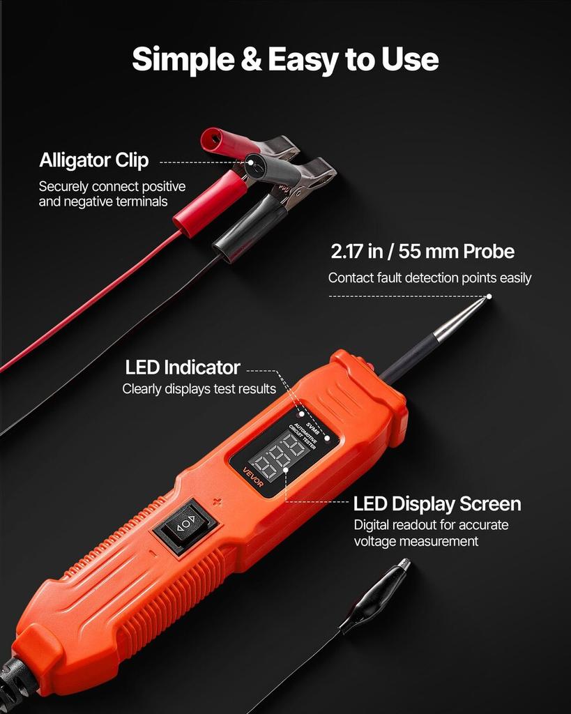 Automotive Circuit Tester, 6 - 36 DCV Power Circuit Probe Tester with LED Screen and Lighting, Automotive Power Tester Probe with 13 ft / 4 m Cable,