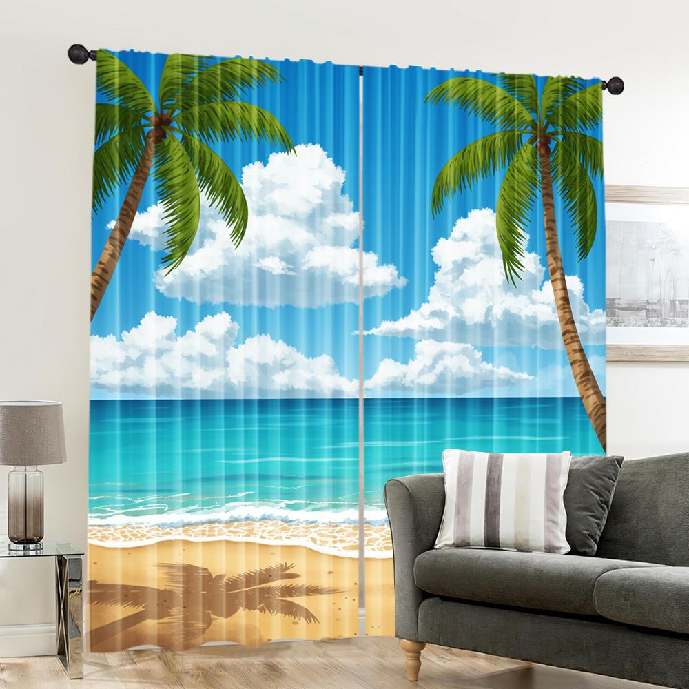 Set Of 2 Spring Summer Curtains Hawaii Beach Ocean Art Digital Print Drapes Fabric Home Decor Perfect Bedroom Living Room Made Polyester Sitting