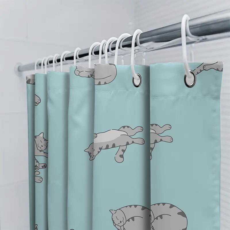 Home Decor Shower Curtain With Blue Cat Pattern Bathroom Linen Set For Kids' Room Decoration Waterproof Fabric Hook Rings Includ