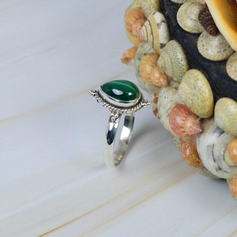 Malachite Gemstone Ring, Handmade Boho Designer Ring, Statement Ring, Gift For Her, Anniversary Gift, Silver Jewelry