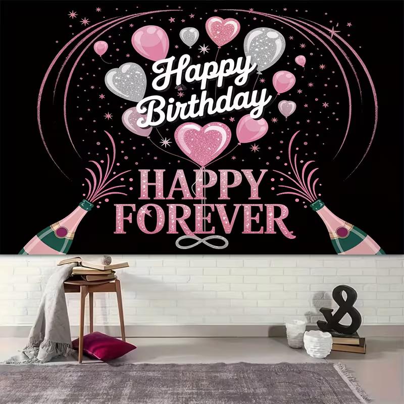 2D Happy Forever Birthday Backdrop, 2D Pink Silver Party Background for Photoshoot