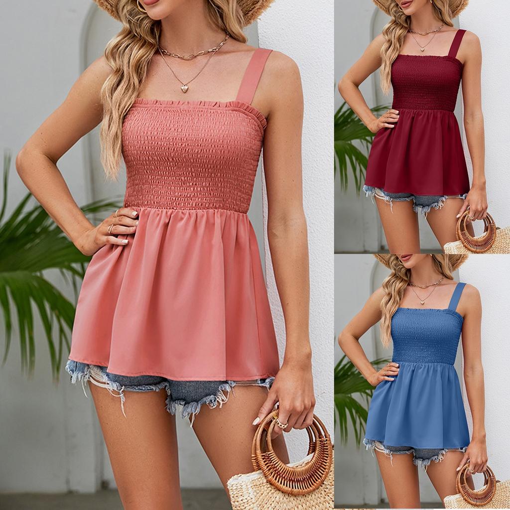 Women's Summer Loose Sleeveless Suspenders Pleated Ruffle Slim Tunic Casual Tops Vest Blouse