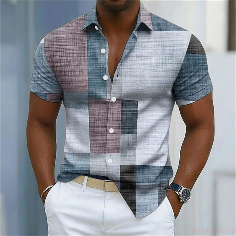 Nuova Camicia da Uomo a Maniche Corte Stampa a Righe Curve Bianche e Blu Vestibilità Business Casual Collo a Revers Camicia da Uomo