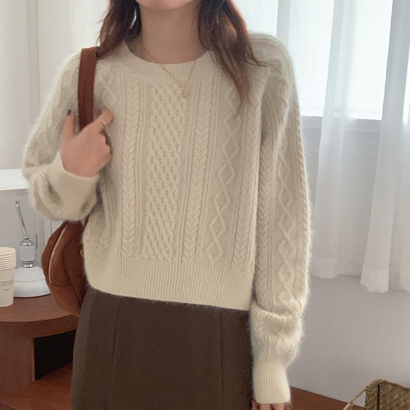Vintage sweet pullover sweater women's twist mohair thickened lazy short knitted sweater top autumn