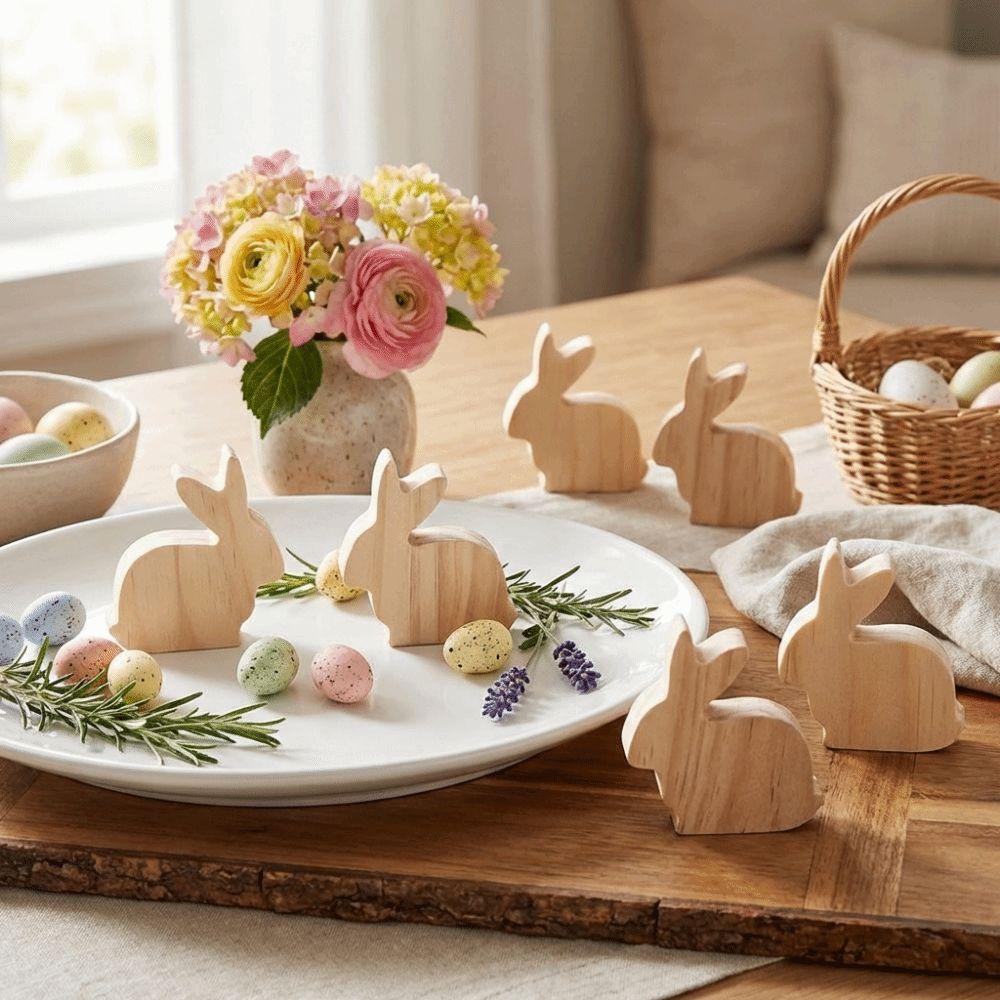 6Pcs Standing Easter Rabbit Ornaments Realistic Handmade Wooden Bunny Decorative Unfinished Handicraft Bunny Figurine