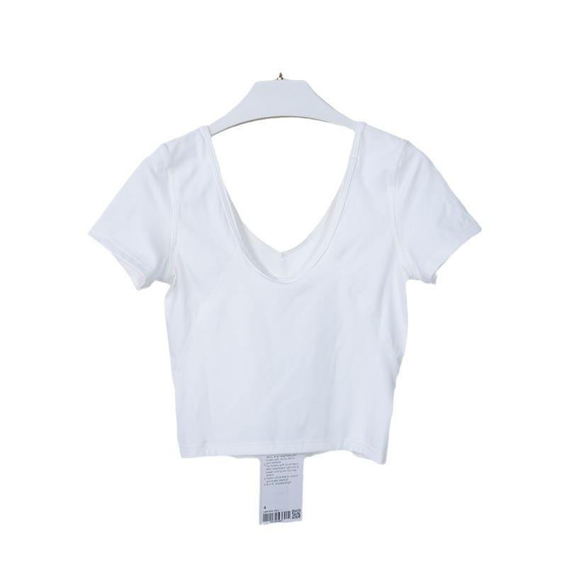 Damen V-Ausschnitt U-Rücken Nylon Yoga T-Shirt – Kurzarm, Sexy Enganliegend, Schönes Rückendesign