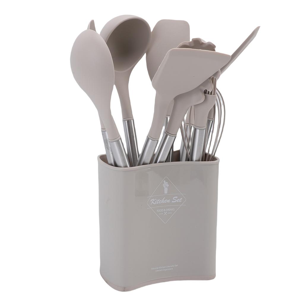 Kitchen Utensils Set Silicone Stainless Steel Heat Proof Spatula Spoon Kitchen Gadgets Tools with Drainer and Holder