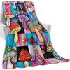 Blanket Throw Mushroom Print, Colorful Checkered Psychedelic Mushroom Flannel Blanket, Cute Trippy Design Sofa Bedroom Indoor