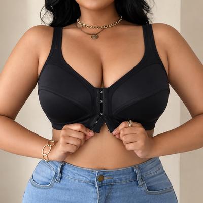 Damen Plus Size Drahtloser BH mit Knopfleiste vorne, Dünne Schale ohne Polsterung gegen Ausbeulen nach außen, Breiter Träger Hohlrücken Formende Unterwäsche