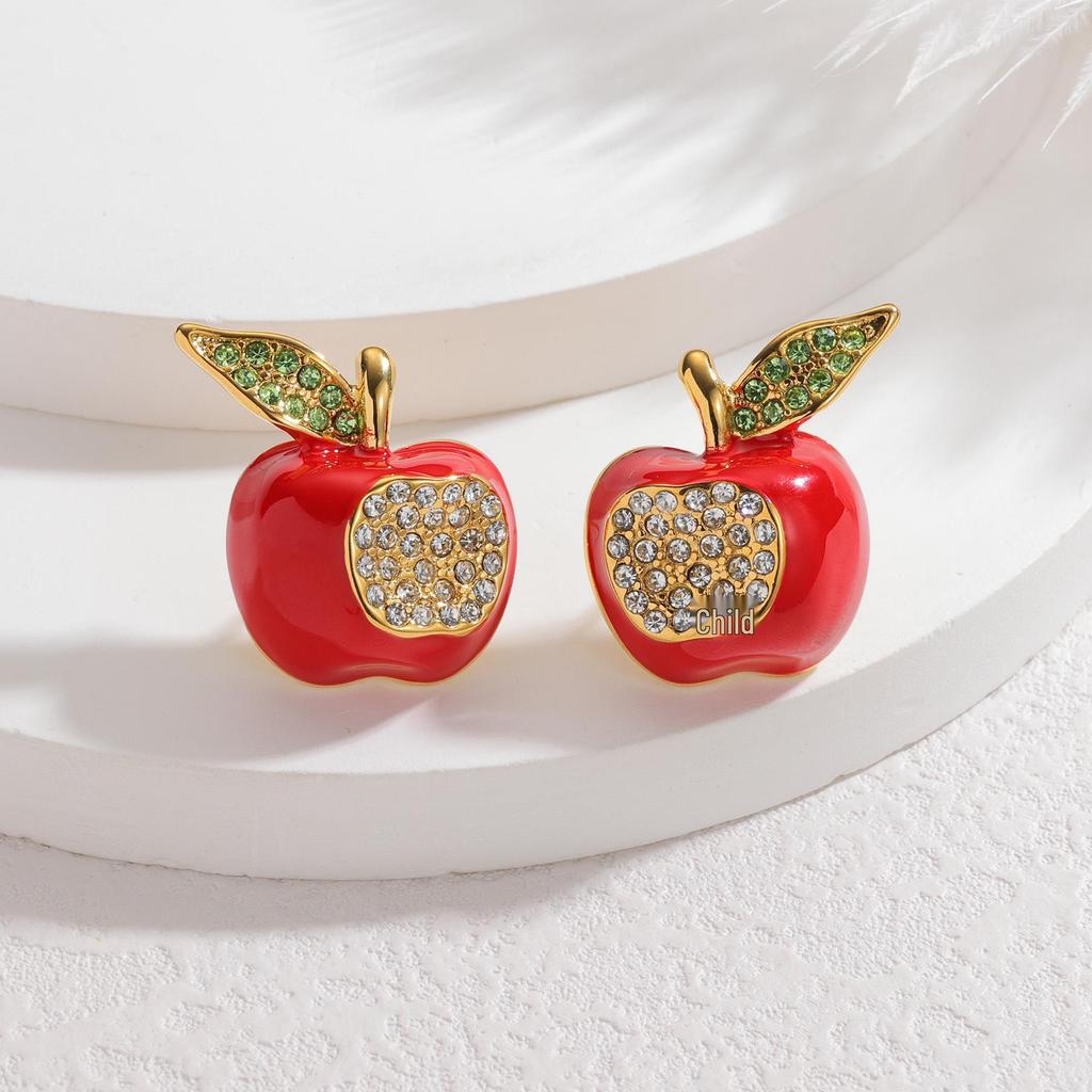 Exquisite Inlaid Diamond Fruit Series Stud Earrings: Apple & Cherry - Luxurious Christmas Style