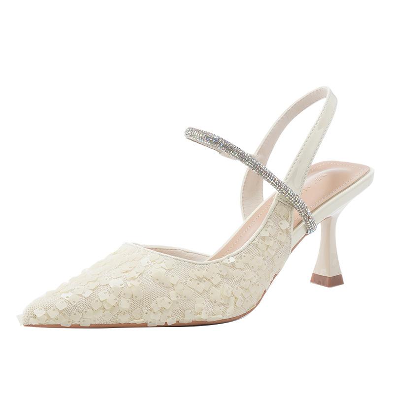 A temperament sweet sparkling sequined bag head sandals women's thin heels pointed high heels one-word with skirt