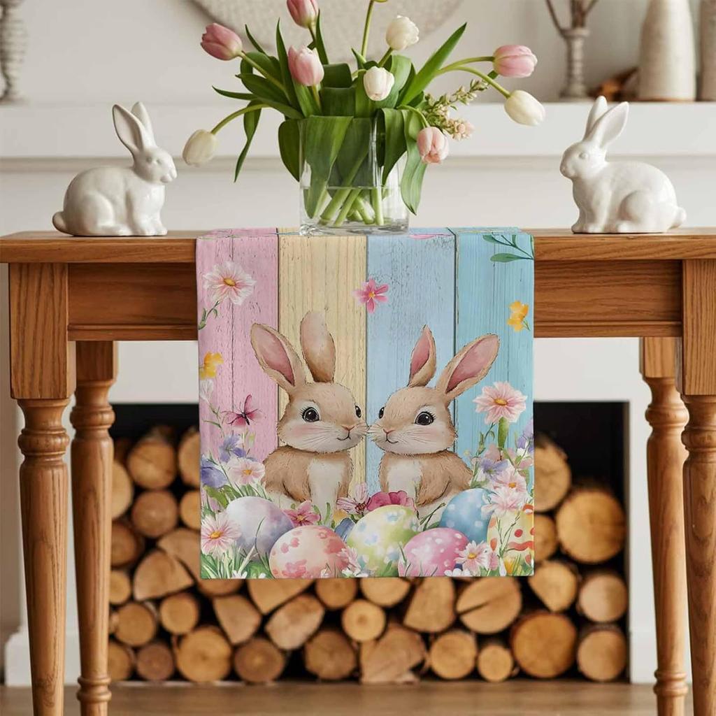 Easter Bunny Eggs Floral Linen Table Runner Home Decor Spring Watercolor Flowers Wood Grain Table Runners Easter Decorations