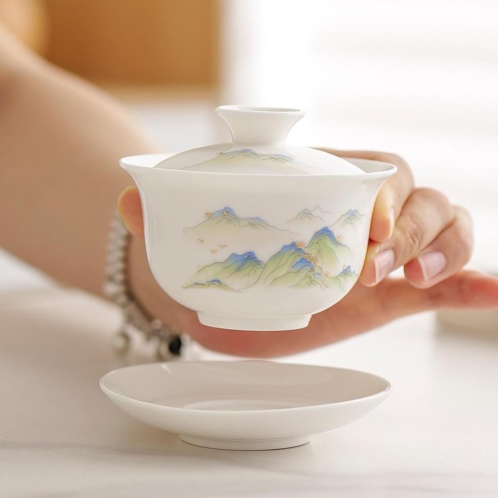 Dehua White Sancai Gaiwan: High-end Mutton Fat Jade Porcelain Tea Bowl and Kung Fu Teacup Set
