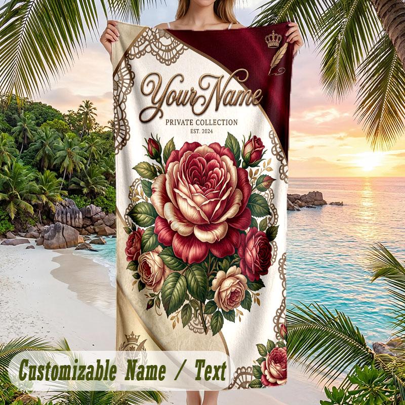 Roses Butterflies Garden Theme Quick Dry Beach Towel Custom Name Text Print Large Sand Resistant Towel Beach Vacation