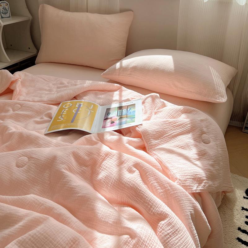 Minimalist Solid Color Cotton Quilt Set: Soft, Skin-Friendly, Machine-Washable Summer Quilt for Dorms (4-Piece, Single/Double).