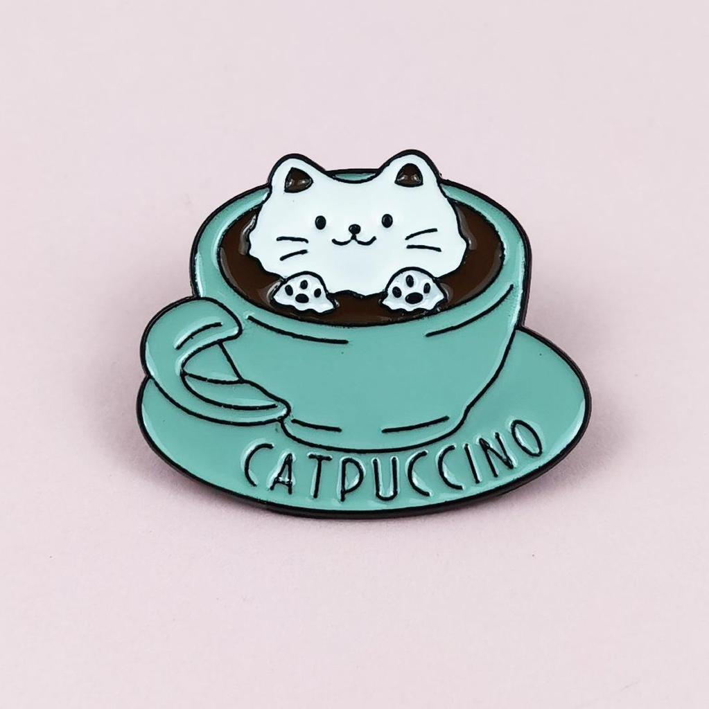 Personalized Cute Cartoon Cat Coffee Brooch - Metal Badge Clothing Accessory