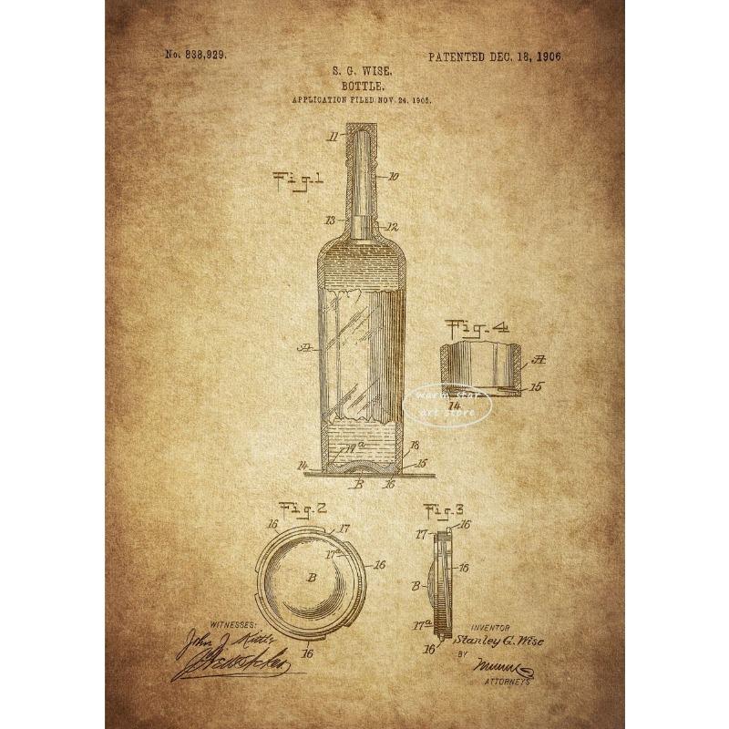 Vintage Brewing Beer Barrel Bottle Cooler Alcohol Patent Posters Canvas Painting Retro Wall Art for Pub Brewery Room Home Decor