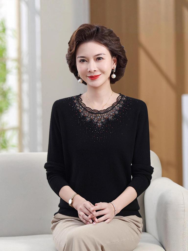 Wollstrickjacke für Frauen mittleren Alters - 100% Reine Wolle, Modischer Herbst-/Winterstrick, Rundhals-Pullover für Mittelalte & Ältere