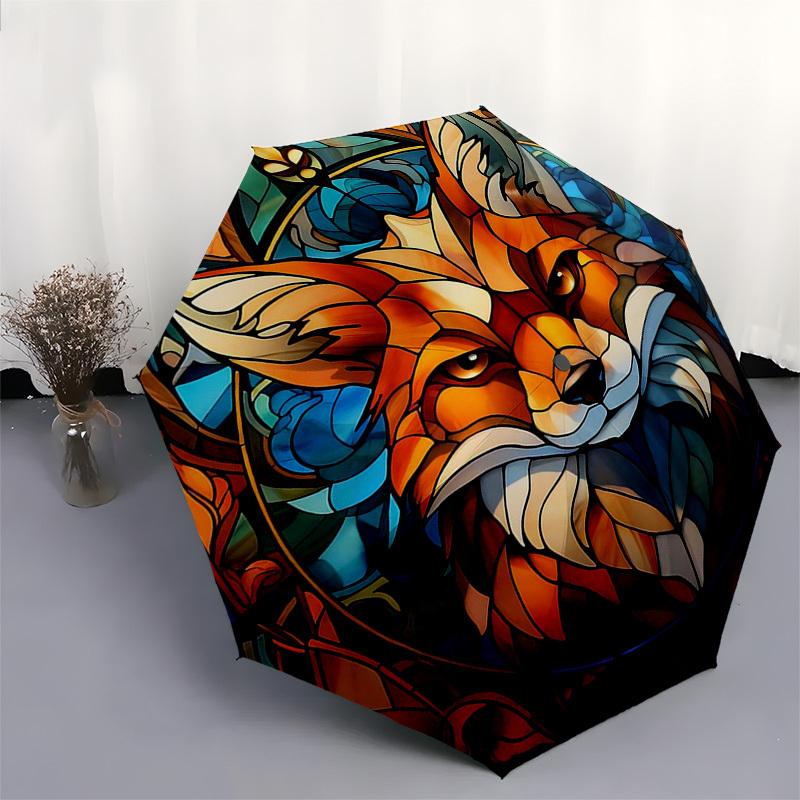 1pc Stained Glass Fox Design Automatic Opening Folding Umbrella with 8-Bone Iron Frame - Portable Outdoor for Fans, Travelers, Everyday Use, Festive G