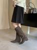 Autumn and winter new boots, pointed head inner height increase, straight boots, retro belt buckle suede women's boots