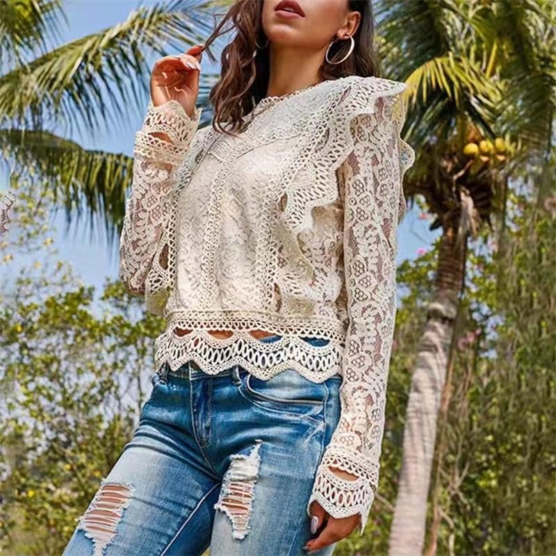 Solid Color Bottoming Sexy Hollow Lace Long-sleeved Women's Lace Shirt Jacket Top