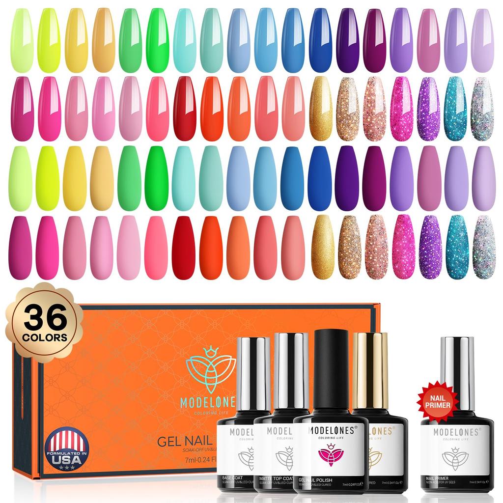 Modelones Color Gel Gel Nail 36 Color Set Gel Nail Polish Color Gel Color Gel Set Top Coat Base Coat Primer Gel Nail Kit Pink Blue Powder Palm