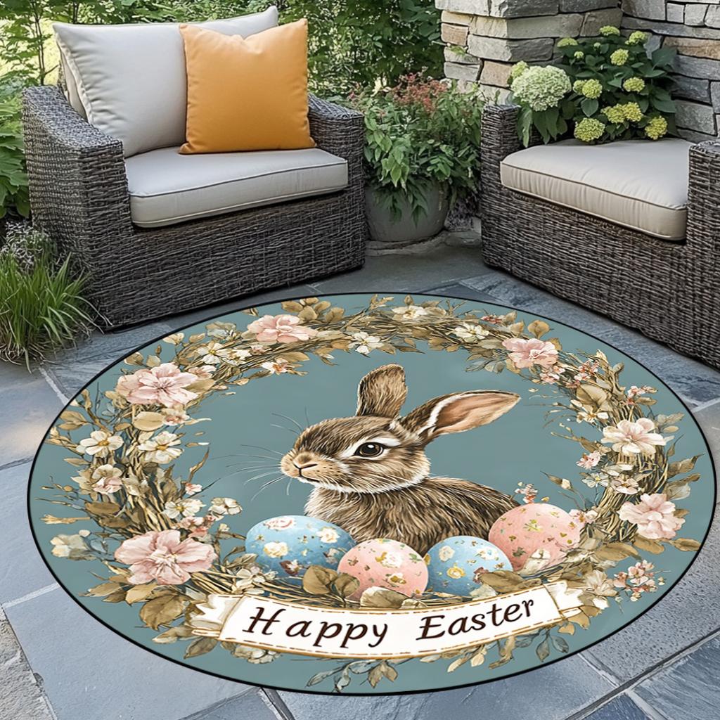 Easter Retro Floral Rabbit Pattern Round Area Rug Bedroom Living Room Garden Decor Living Room Carpet Decorative Floor Mat