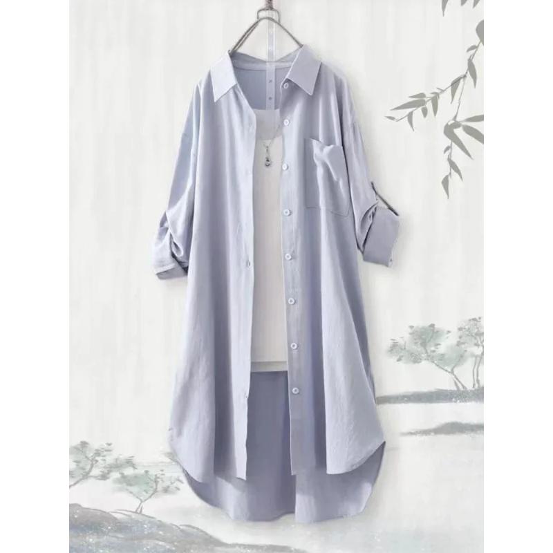 Plus Size Loose Breathable Blouses Shirt Korean Casual Autumn Shirts Women Simple Solid Female Long Sleeved Shirts