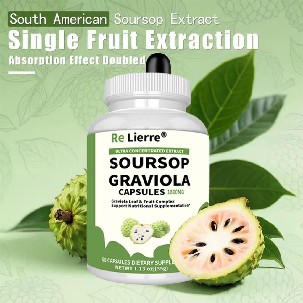 Re Lierre Soursop Capsules 1800mg | Leaf & Fruit Extract | Gluten-Free, Fiber & Vitamin C | Digestive & Intestinal Health Support | 60 count