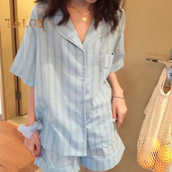 2 Pçs/set Mulheres Pijamas Conjunto Lapela Contraste Cor Listrado Estampa Manga Curta Cintura Elástica Solto Perna Larga Pijamas Blusa Shorts Conjunto
