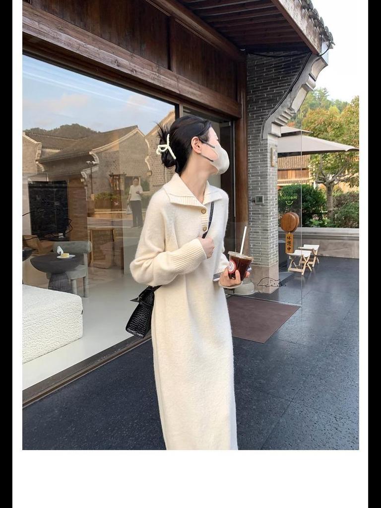 Women's French Knit Lapel Sweater Dress with Coat, Autumn/Winter Style - Loose, Long, Over-the-Knee, Thick Design