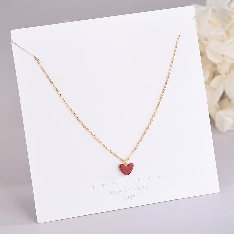 S925 Sterling Silver Minimalist Little Red Heart Necklace - Japanese & Korean Design, Women's Heart Clavicle Chain.