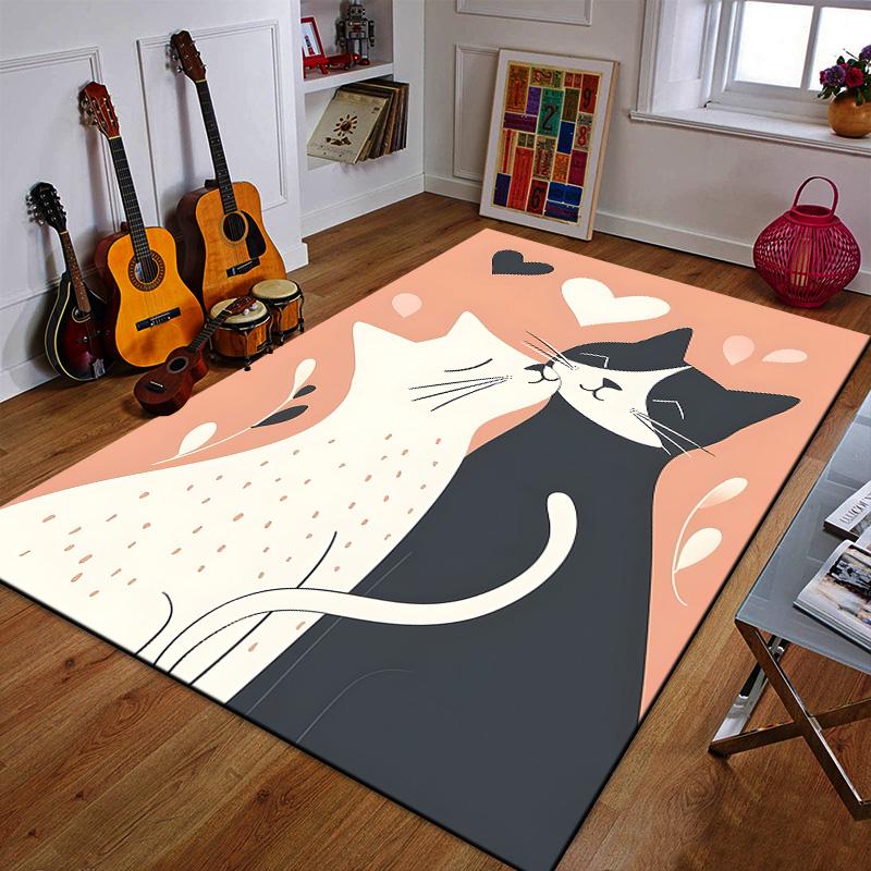 "Romantic Cat Couple with Hearts" Patterned carpet a non slip rug suitable for all seasons and any setting, gift